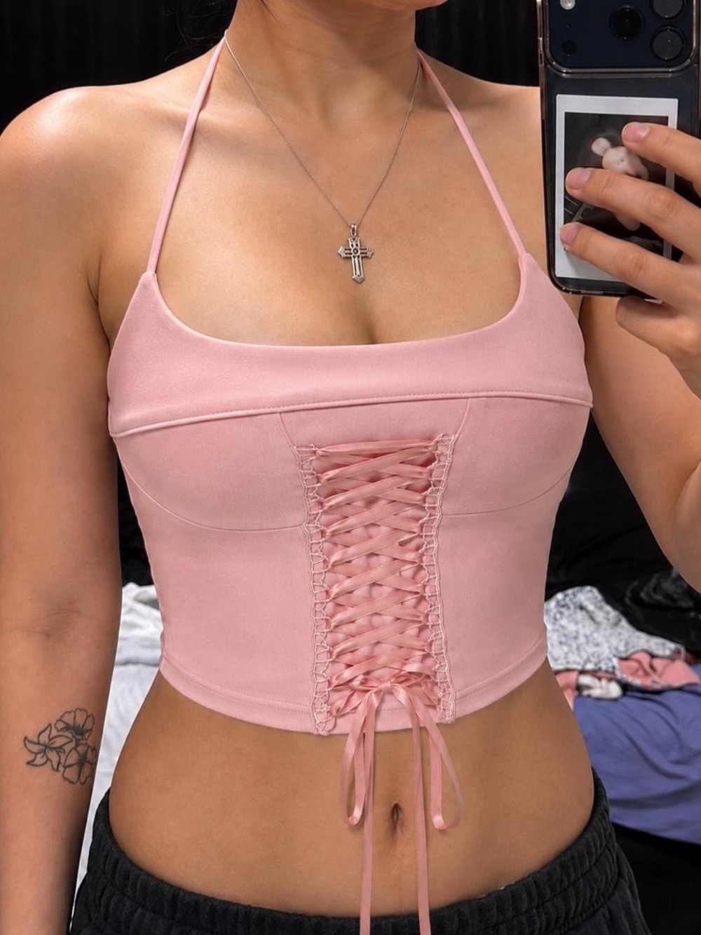 Cider Pink Satin Lace-Up Corset Crop Top XS